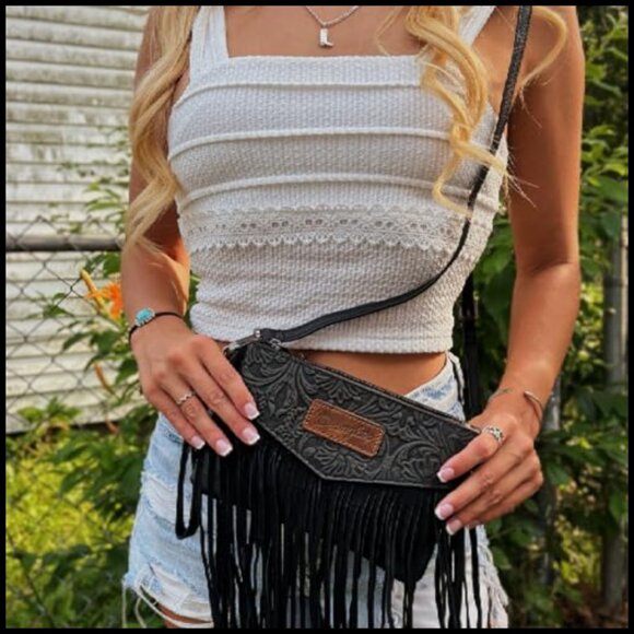 Faux Leather Crossbody Wristlet Bag Western Fringe Purse Adjustable Strap - Picture 2 of 7